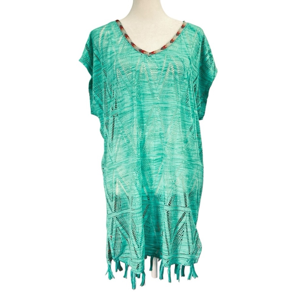 Prana Seabrooke‎ Tunic Swimwear Fringe Mesh Cover Up Caftan Aqua Teal (Size S) - Picture 2 of 13